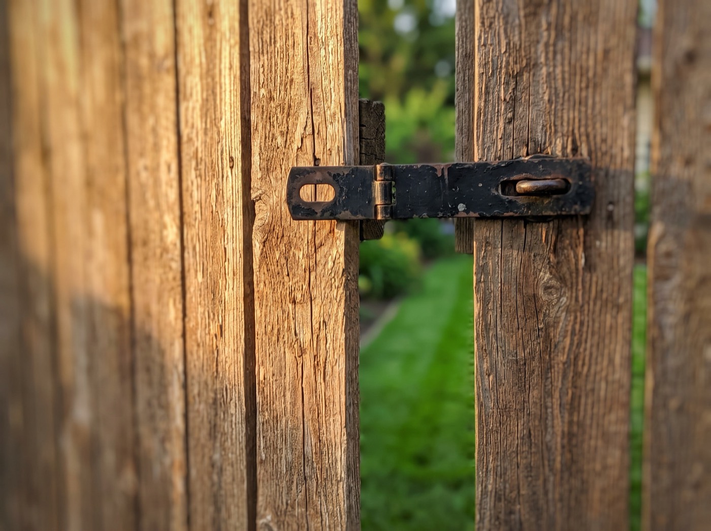 A backyard gate latched shut beside a freshly cut lawn