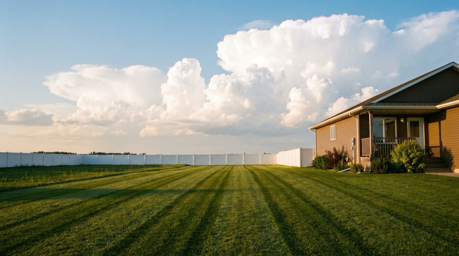 Freshly striped lawn under a huge prairie summer sky