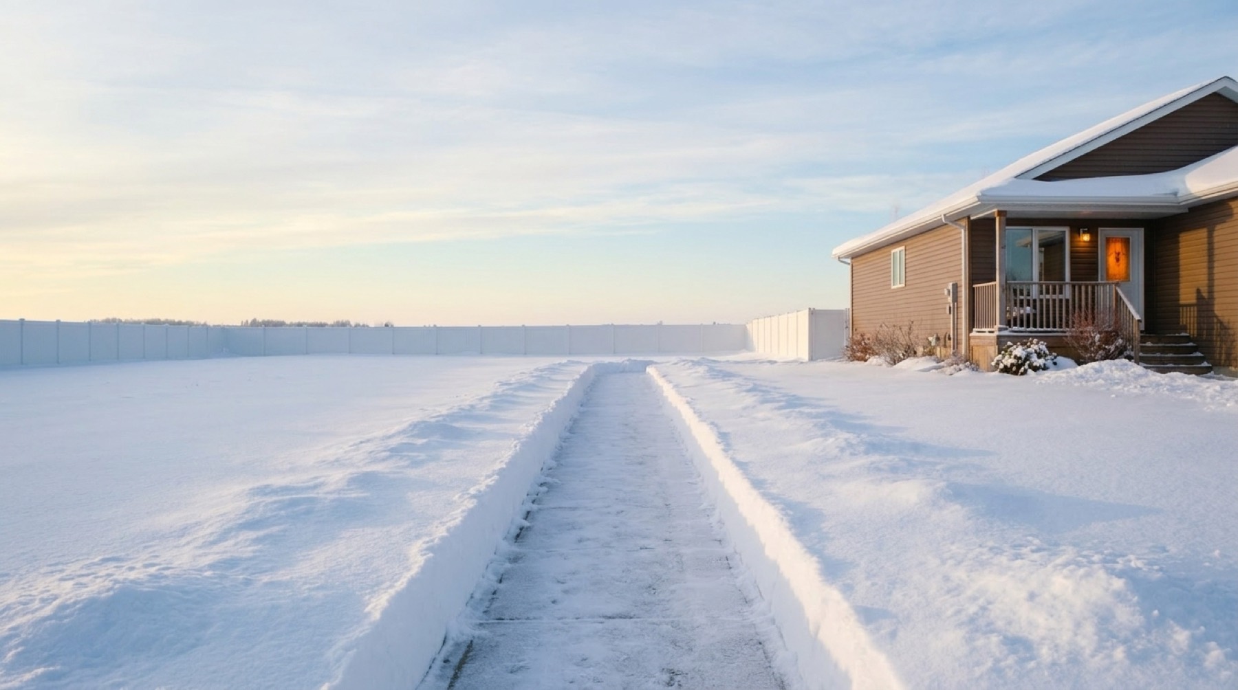 A cleanly cleared walkway between snowbanks on a winter morning